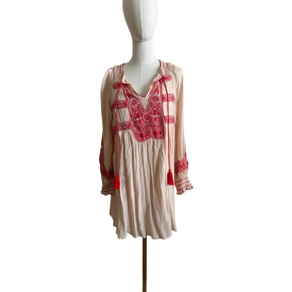 Free People Small Petite Long Sleeve Boho Embroidered Mini Dress